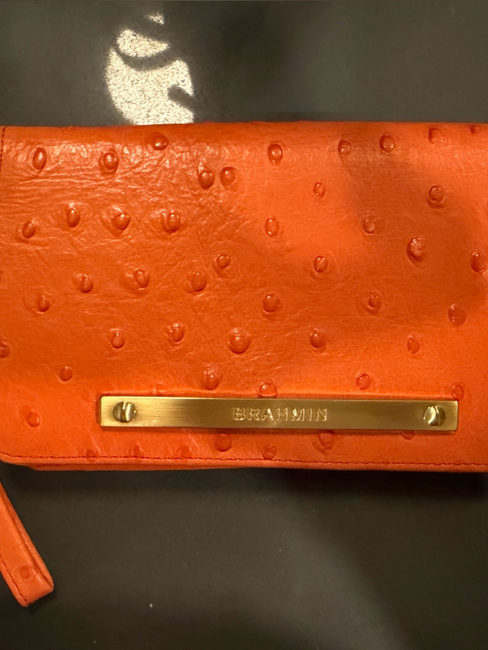 Brahmin Orange Ostrich-Texture Wristlet Clutch with Gold Plate